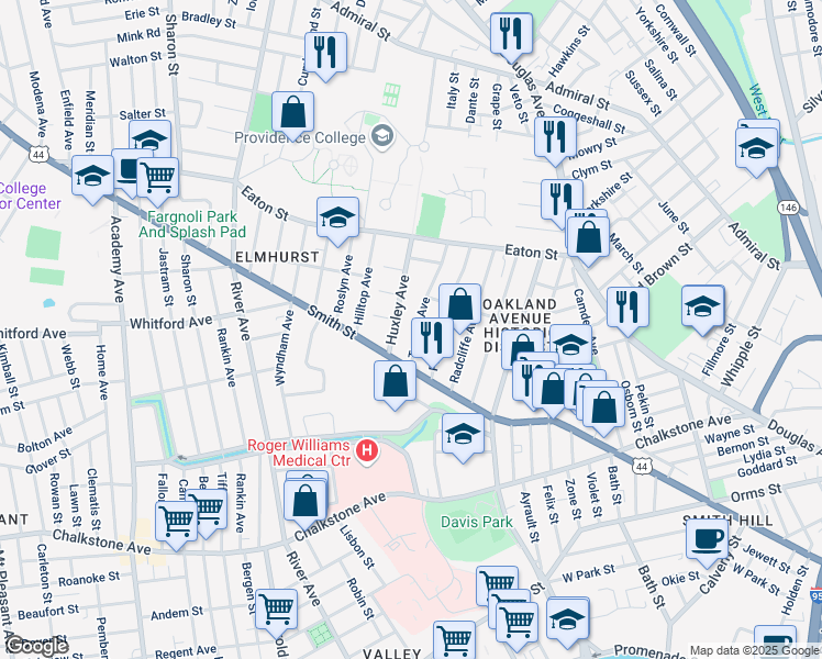 map of restaurants, bars, coffee shops, grocery stores, and more near 40 Tyndall Avenue in Providence