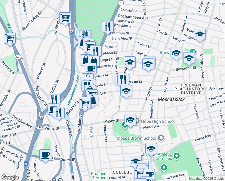 map of restaurants, bars, coffee shops, grocery stores, and more near 85 Pleasant Street in Providence