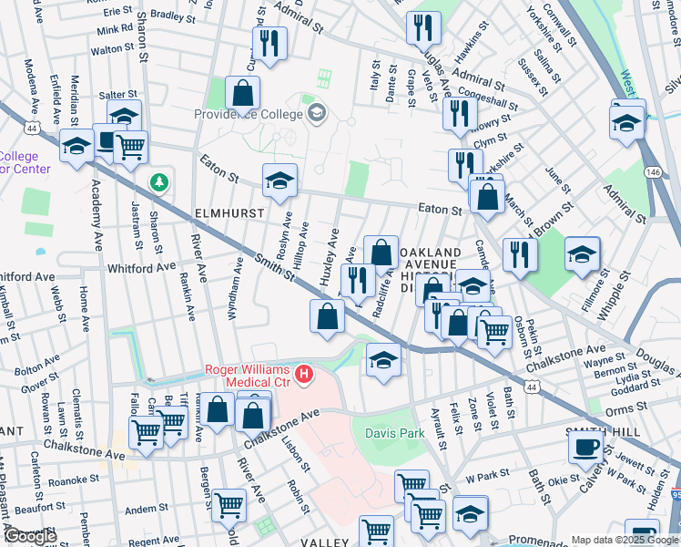 map of restaurants, bars, coffee shops, grocery stores, and more near 67 Tyndall Avenue in Providence
