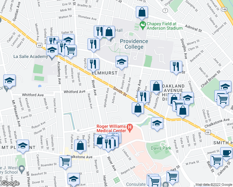 map of restaurants, bars, coffee shops, grocery stores, and more near in Providence
