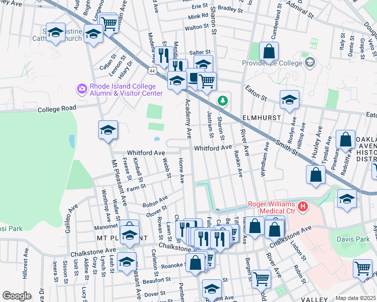 map of restaurants, bars, coffee shops, grocery stores, and more near 1 Elmcroft Avenue in Providence