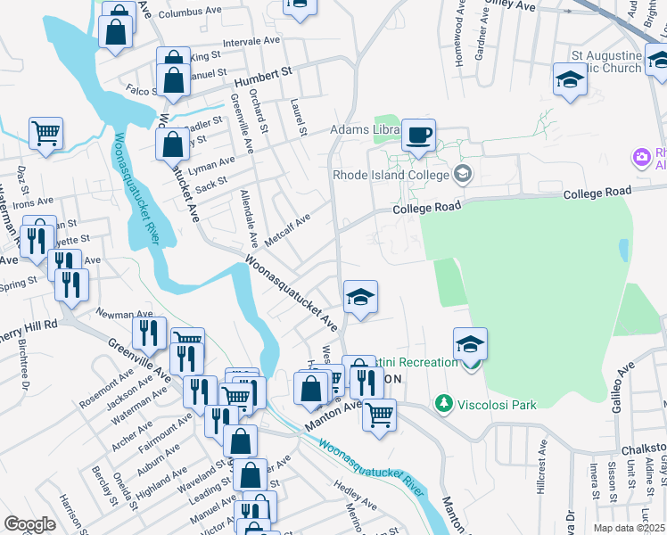 map of restaurants, bars, coffee shops, grocery stores, and more near 196 Fruit Hill Avenue in North Providence