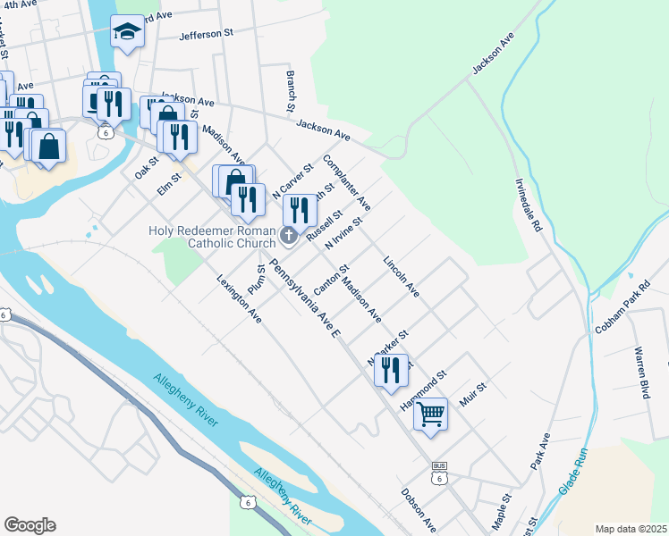 map of restaurants, bars, coffee shops, grocery stores, and more near 110 North Irvine Street in Warren