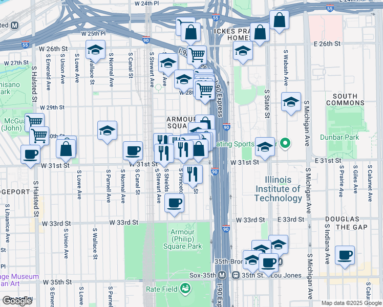 map of restaurants, bars, coffee shops, grocery stores, and more near 3002 South Wells Street in Chicago