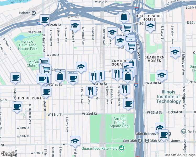 map of restaurants, bars, coffee shops, grocery stores, and more near 3013 South Canal Street in Chicago