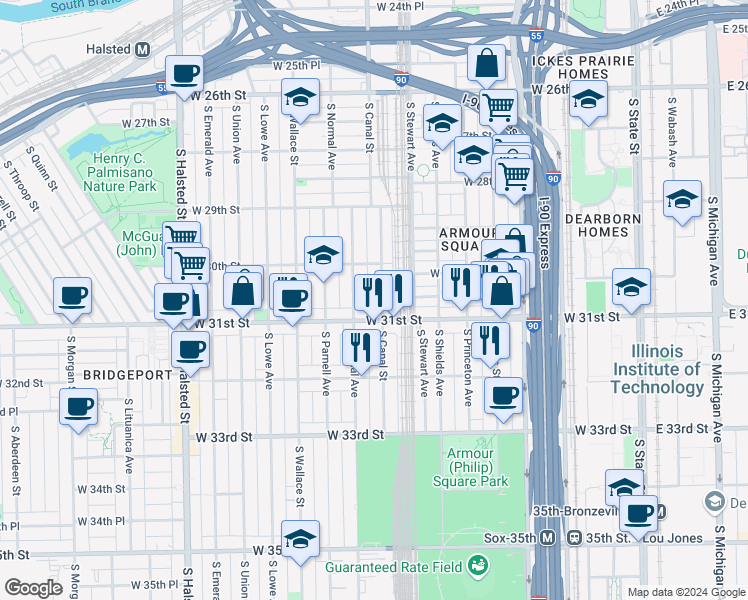 map of restaurants, bars, coffee shops, grocery stores, and more near 3013 South Canal Street in Chicago