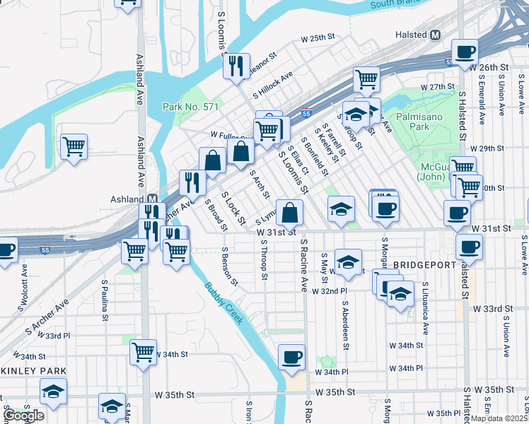 map of restaurants, bars, coffee shops, grocery stores, and more near 2950 South Arch Street in Chicago