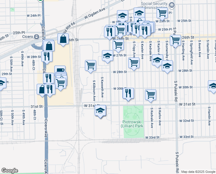 map of restaurants, bars, coffee shops, grocery stores, and more near 2829 South Kenneth Avenue in Chicago