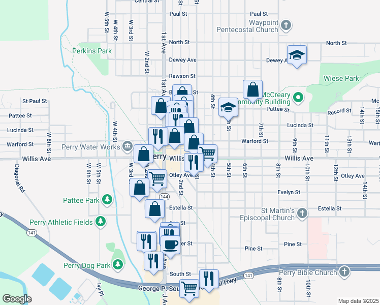map of restaurants, bars, coffee shops, grocery stores, and more near 1219 Warford Street in Perry