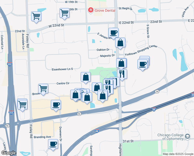 map of restaurants, bars, coffee shops, grocery stores, and more near 2720 South Highland Avenue in Lombard