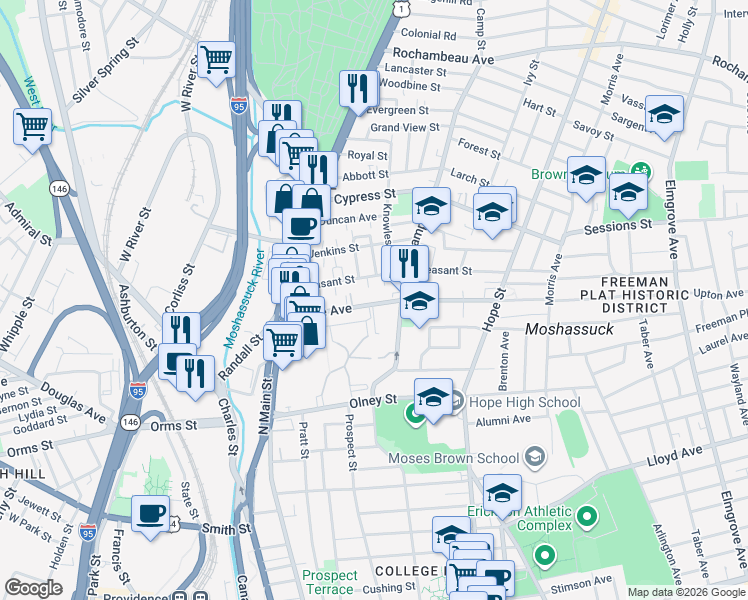 map of restaurants, bars, coffee shops, grocery stores, and more near 85 Pleasant Street in Providence