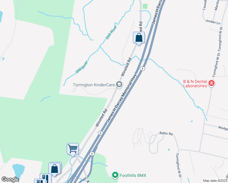 map of restaurants, bars, coffee shops, grocery stores, and more near 1229 Winsted Road in Torrington
