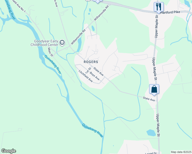 map of restaurants, bars, coffee shops, grocery stores, and more near 131 State Avenue in Killingly