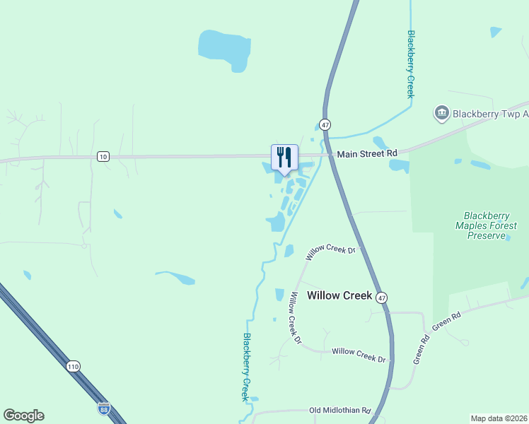 map of restaurants, bars, coffee shops, grocery stores, and more near 44W019 Main Street Road in Elburn