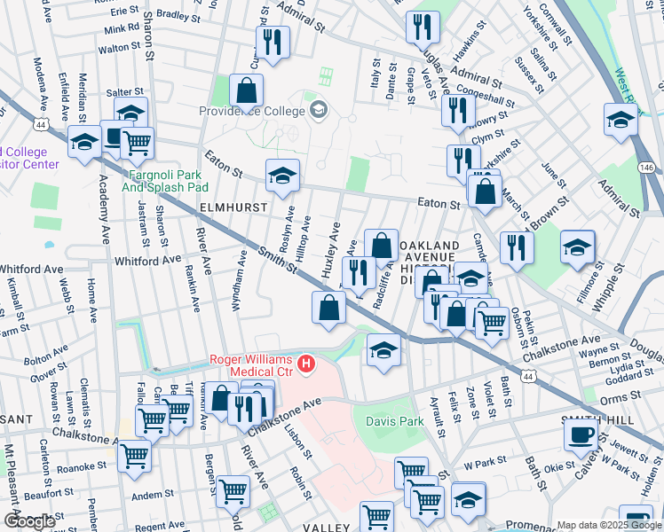 map of restaurants, bars, coffee shops, grocery stores, and more near 29 Huxley Avenue in Providence