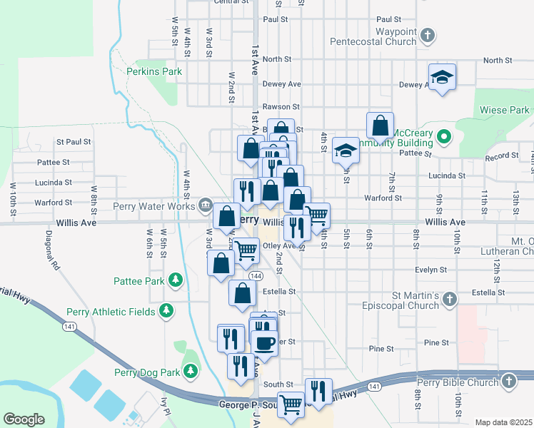 map of restaurants, bars, coffee shops, grocery stores, and more near 1112 Willis Avenue in Perry