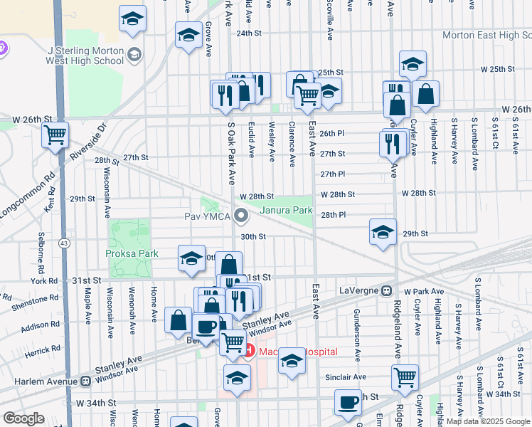 map of restaurants, bars, coffee shops, grocery stores, and more near in Berwyn
