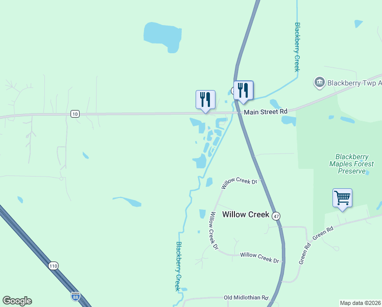 map of restaurants, bars, coffee shops, grocery stores, and more near 44W019 Main Street Road in Elburn