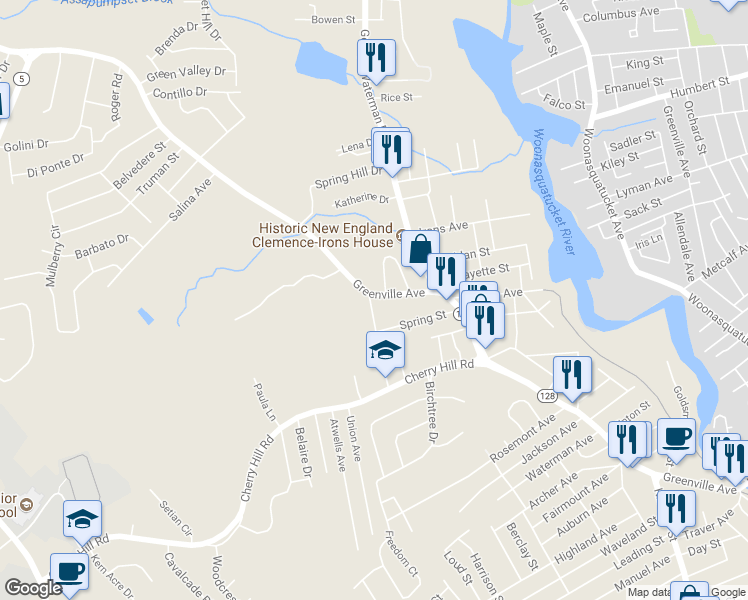 map of restaurants, bars, coffee shops, grocery stores, and more near 298 Greenville Avenue in Johnston