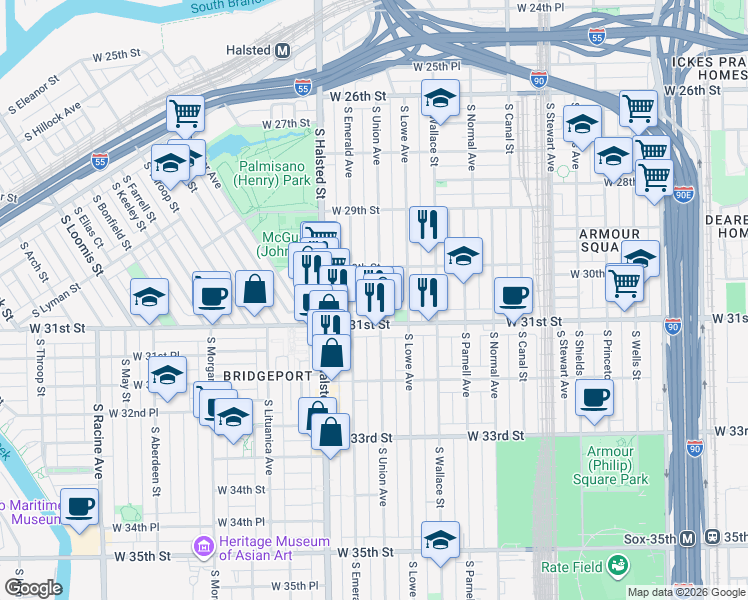 map of restaurants, bars, coffee shops, grocery stores, and more near 3013 South Union Avenue in Chicago