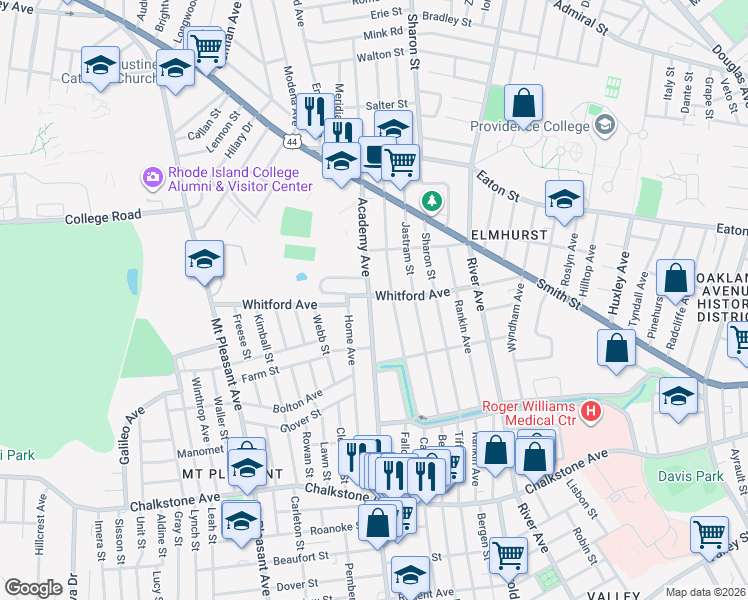 map of restaurants, bars, coffee shops, grocery stores, and more near 1 Elmcroft Avenue in Providence