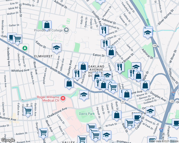 map of restaurants, bars, coffee shops, grocery stores, and more near 107 Pembroke Avenue in Providence