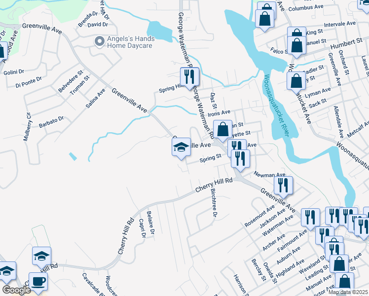 map of restaurants, bars, coffee shops, grocery stores, and more near 309 Greenville Avenue in Johnston