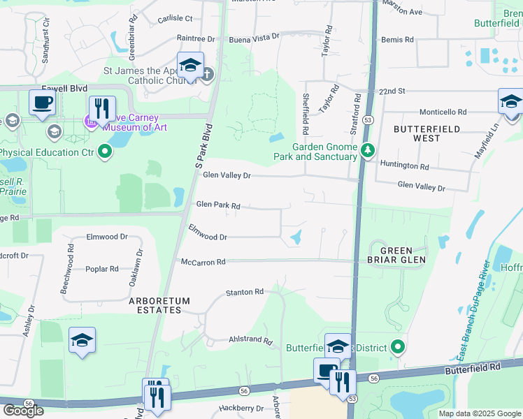 map of restaurants, bars, coffee shops, grocery stores, and more near Glen Park Road in Glen Ellyn
