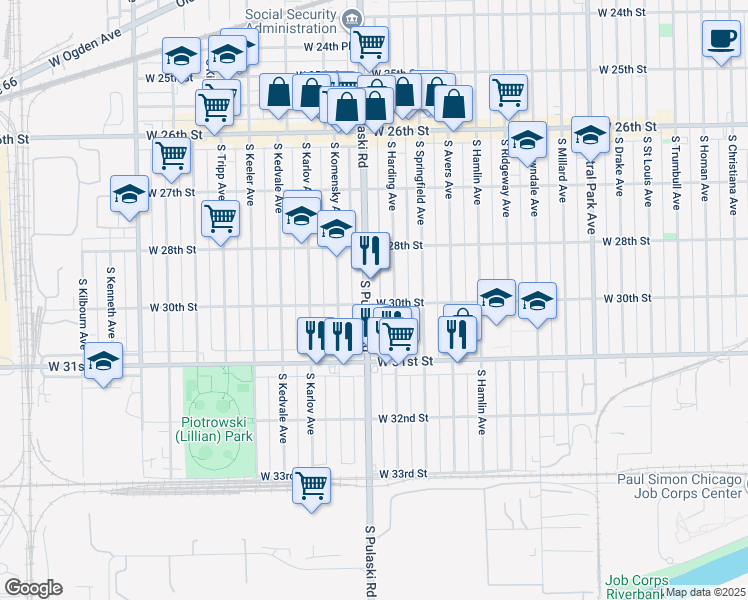 map of restaurants, bars, coffee shops, grocery stores, and more near 2834 South Pulaski Road in Chicago