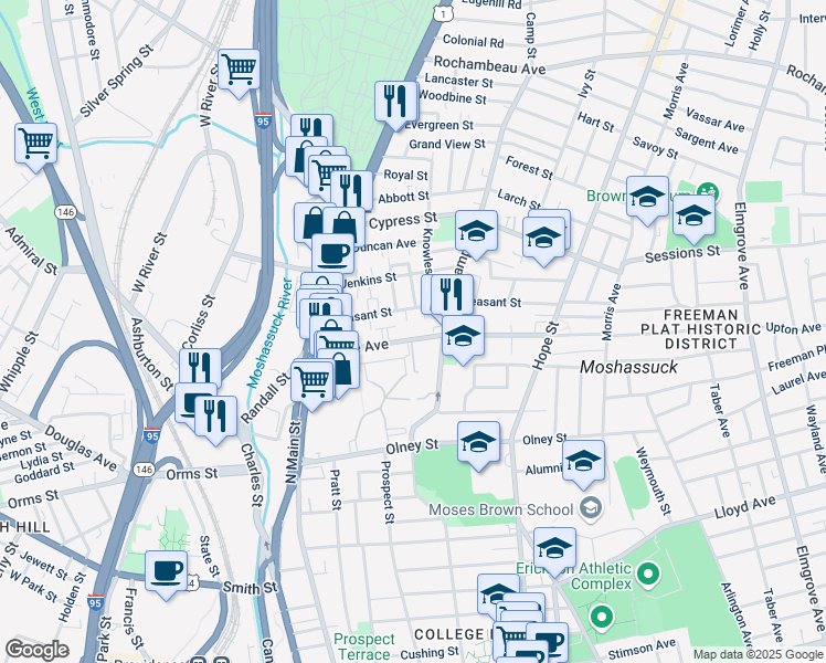 map of restaurants, bars, coffee shops, grocery stores, and more near 85 Pleasant Street in Providence