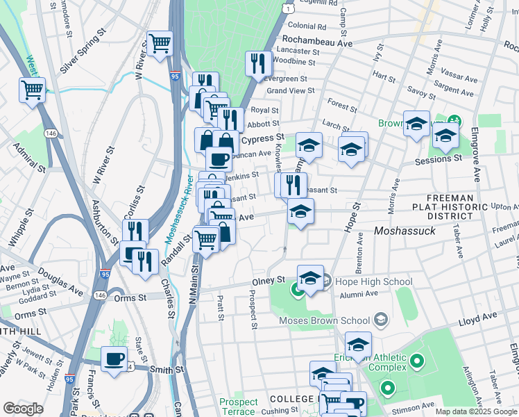 map of restaurants, bars, coffee shops, grocery stores, and more near 85 Pleasant Street in Providence