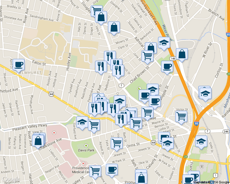 map of restaurants, bars, coffee shops, grocery stores, and more near 162 Camden Avenue in Providence