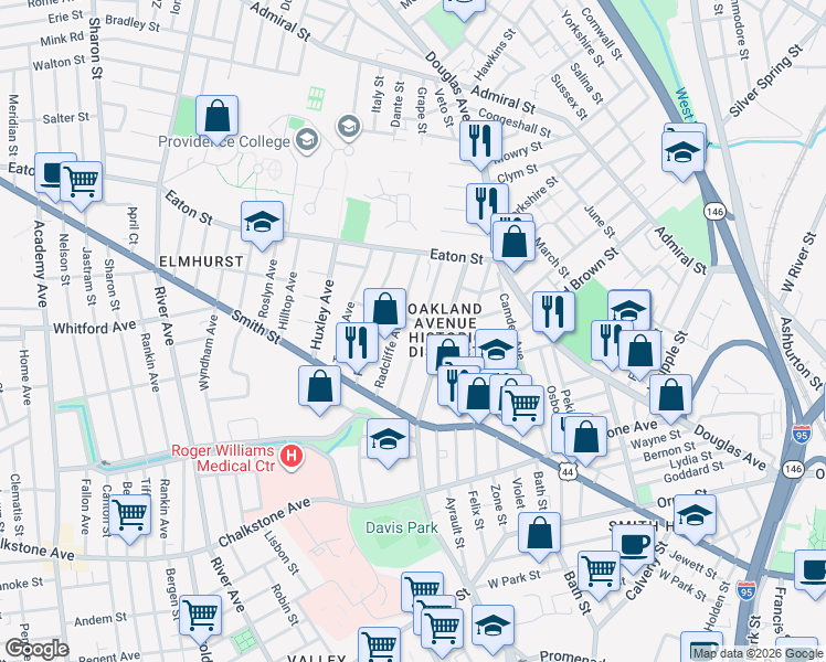 map of restaurants, bars, coffee shops, grocery stores, and more near 107 Pembroke Avenue in Providence