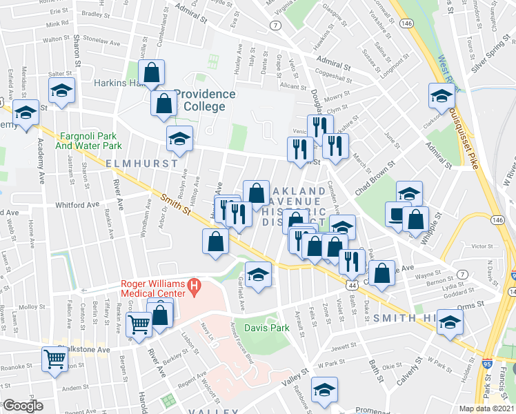 map of restaurants, bars, coffee shops, grocery stores, and more near 90 Radcliffe Avenue in Providence