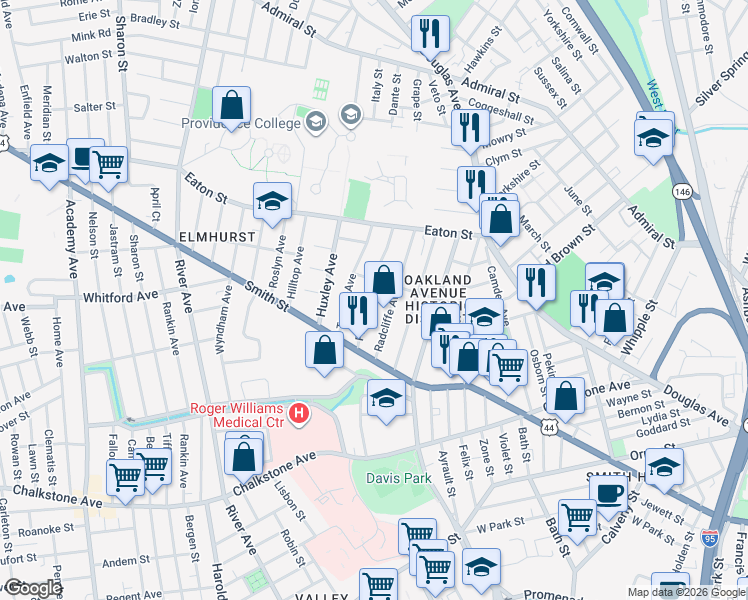 map of restaurants, bars, coffee shops, grocery stores, and more near 90 Radcliffe Avenue in Providence
