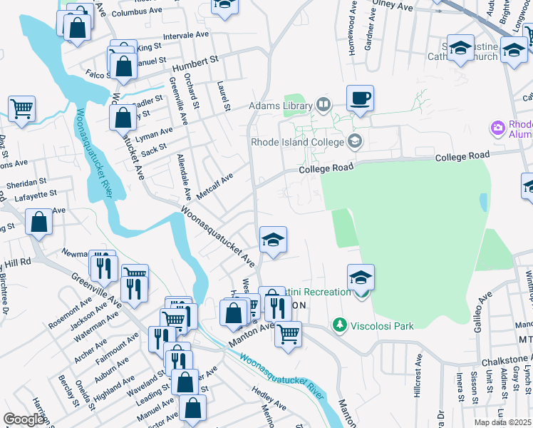 map of restaurants, bars, coffee shops, grocery stores, and more near in North Providence