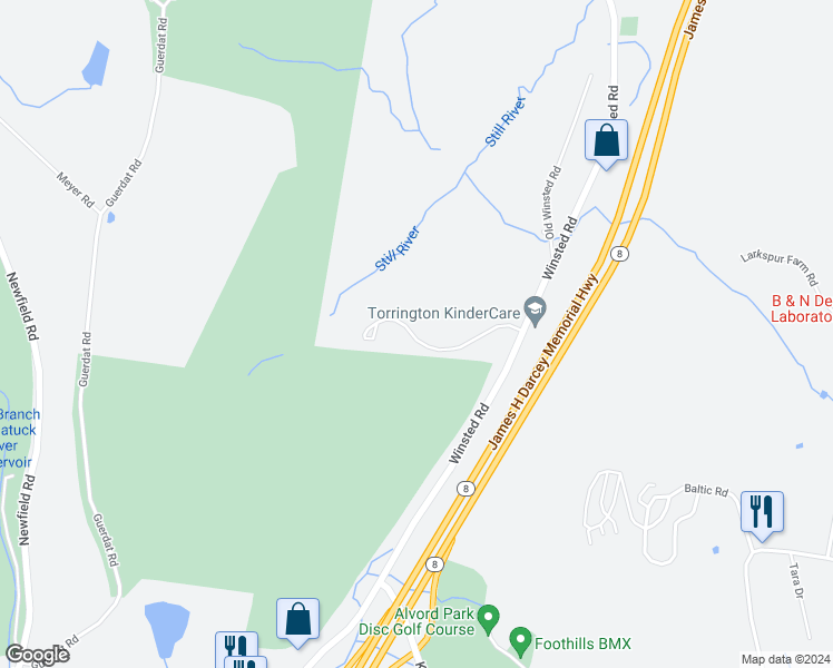 map of restaurants, bars, coffee shops, grocery stores, and more near 1229 Winsted Road in Torrington