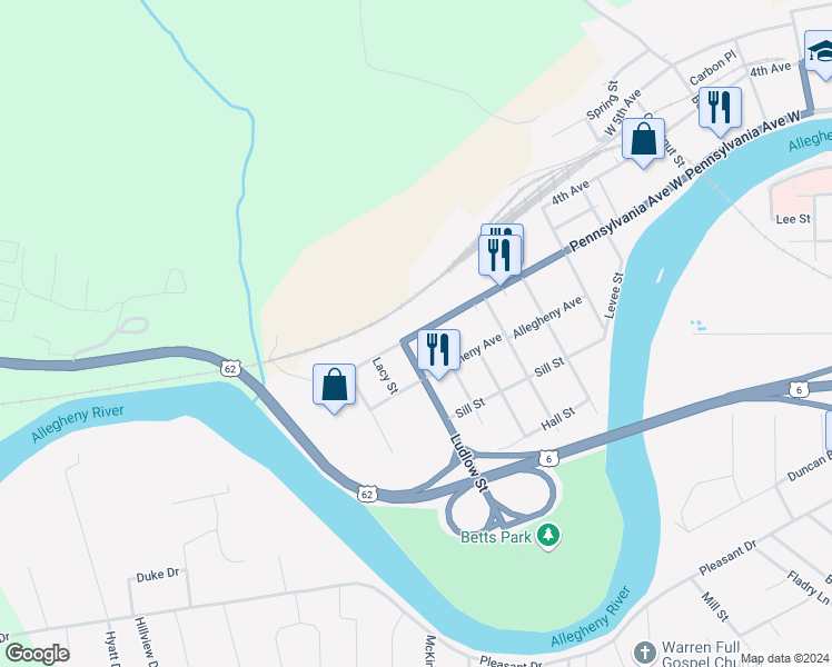 map of restaurants, bars, coffee shops, grocery stores, and more near 1800 Pennsylvania Avenue West in Warren