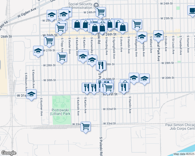 map of restaurants, bars, coffee shops, grocery stores, and more near 2834 South Pulaski Road in Chicago