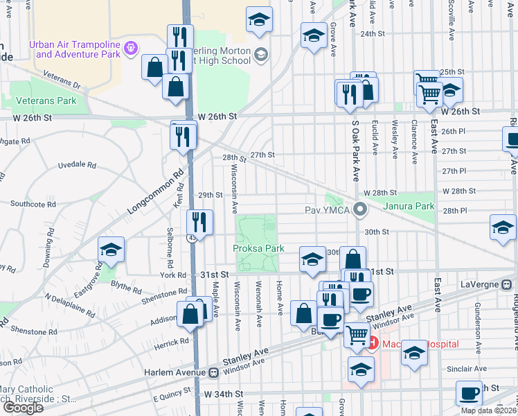 map of restaurants, bars, coffee shops, grocery stores, and more near 2848 Wenonah Avenue in Berwyn