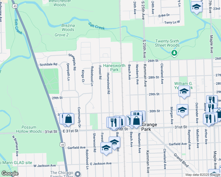 map of restaurants, bars, coffee shops, grocery stores, and more near 1437 Homestead Road in La Grange Park
