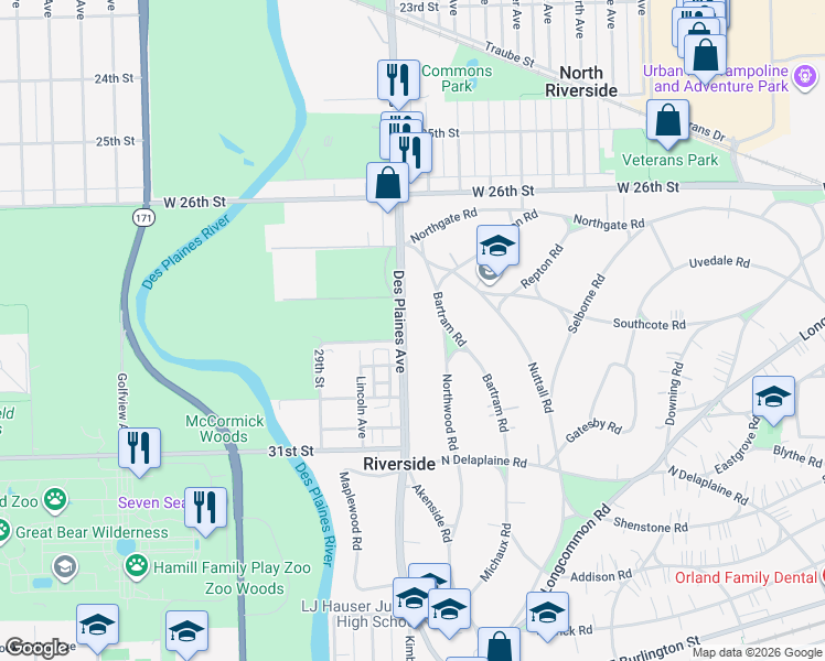 map of restaurants, bars, coffee shops, grocery stores, and more near 353 Des Plaines Avenue in Riverside