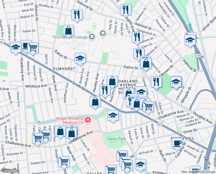 map of restaurants, bars, coffee shops, grocery stores, and more near 67 Tyndall Avenue in Providence