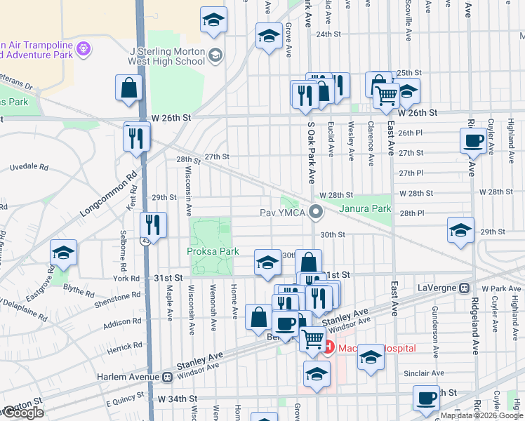 map of restaurants, bars, coffee shops, grocery stores, and more near 6920 29th Street in Berwyn