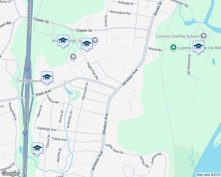 map of restaurants, bars, coffee shops, grocery stores, and more near 27 Park Avenue in Windsor