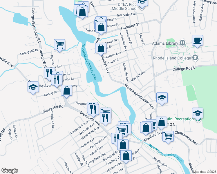 map of restaurants, bars, coffee shops, grocery stores, and more near 184 Woonasquatucket Avenue in North Providence