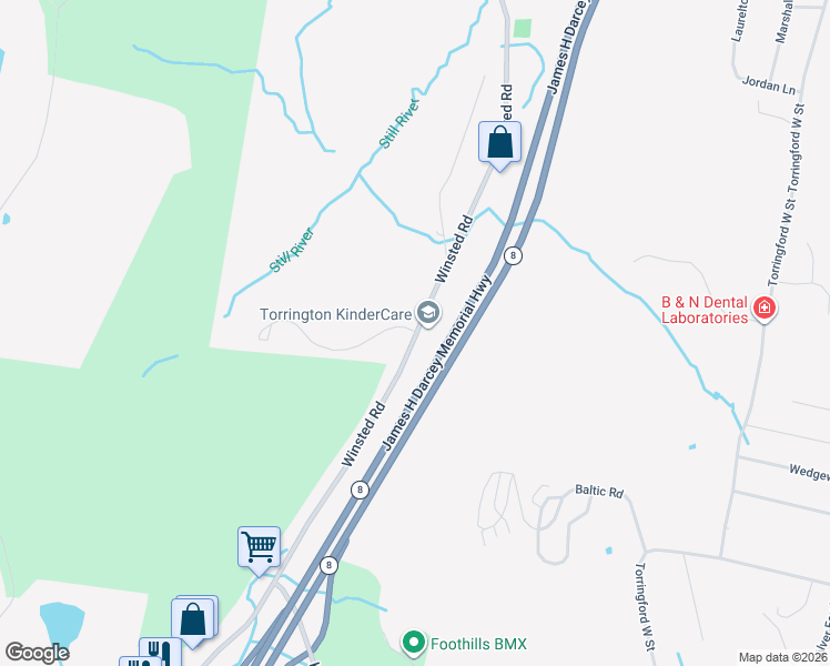 map of restaurants, bars, coffee shops, grocery stores, and more near 1275 Winsted Road in Torrington