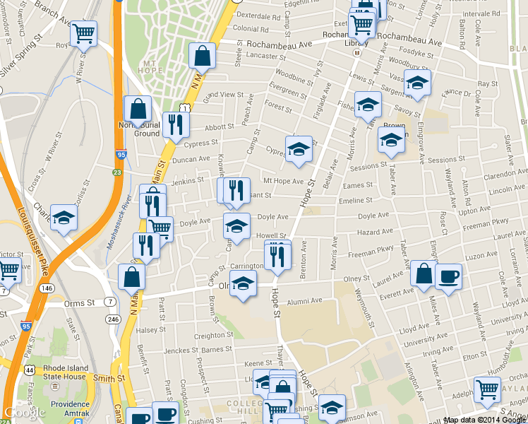 map of restaurants, bars, coffee shops, grocery stores, and more near 211 Pleasant Street in Providence