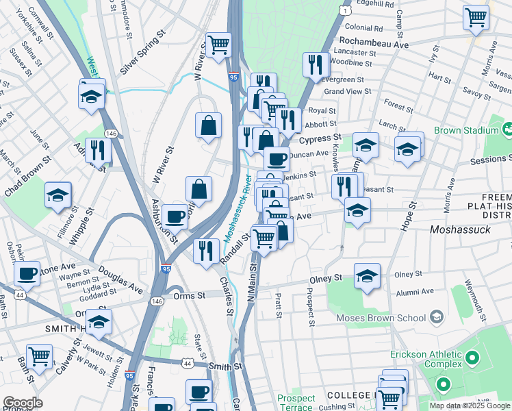 map of restaurants, bars, coffee shops, grocery stores, and more near 57 Printery Street in Providence