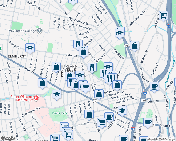 map of restaurants, bars, coffee shops, grocery stores, and more near 319 Douglas Avenue in Providence